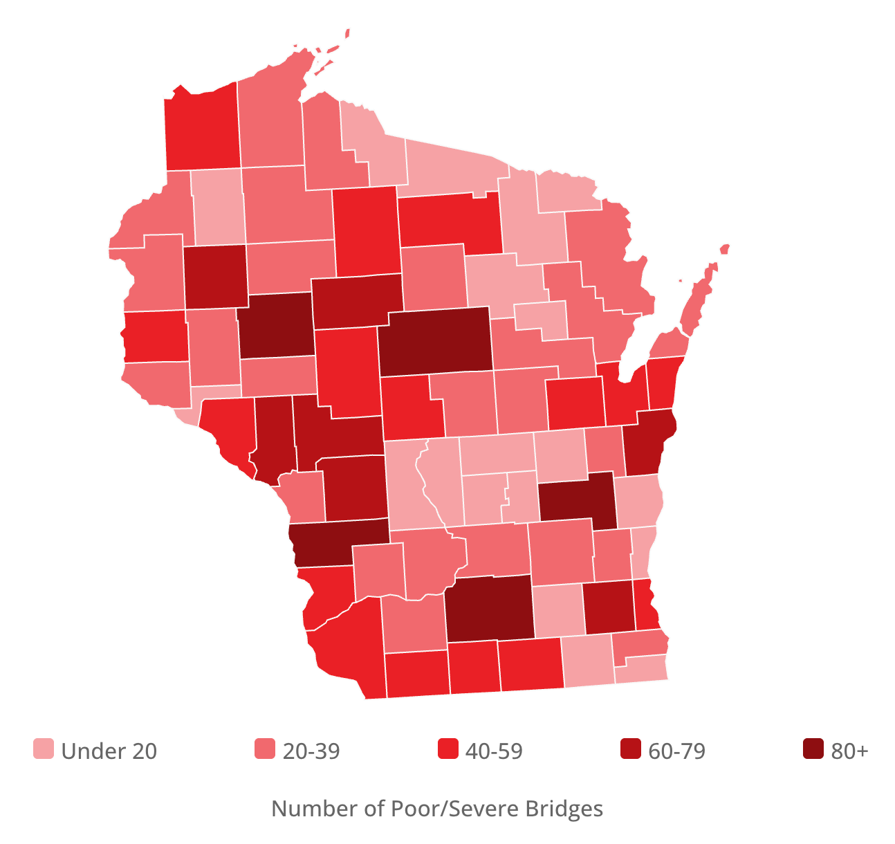 Map of Wisconsin counties shaded by the number of bridges rated poor or severe, ranging from under 20 to more than 80